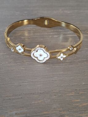 Gold-Tone Floral Mother-of-Pearl Bangle Bracelet